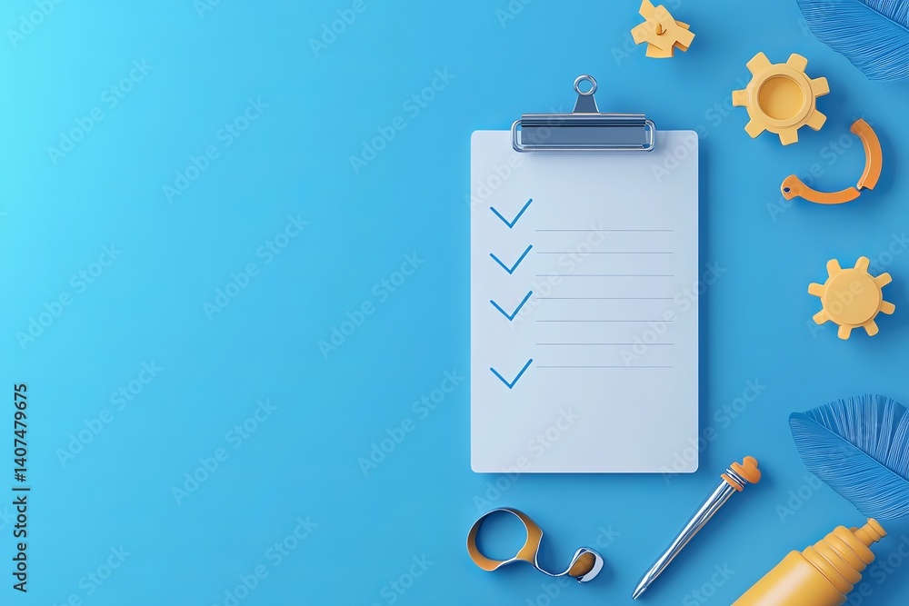 Poster clipboard with check marks and gears on a blue background flat lay top view concept for planning and