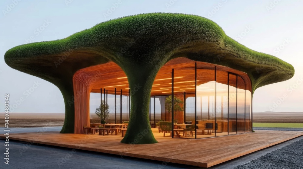 Poster An innovative building features a unique design with a green, tree like structure. Located in a smart city, it embodies sustainability through renewable materials and zero emission technology.