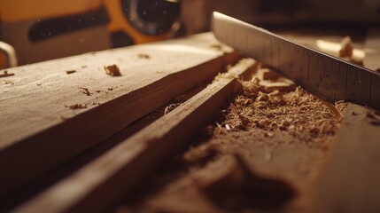 Carpenter measuring and cutting wooden planks in a home renovation project. Featuring accuracy and craftsmanship