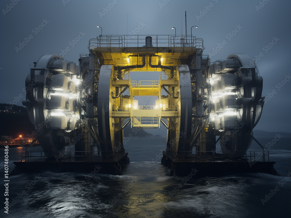 Poster tidal power platform harvests current efficiently, producing energy that supports a steady grid