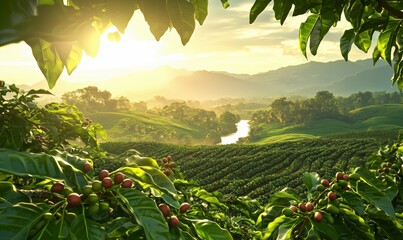 Coffee plantation at sunrise with ripe coffee berries on branches
