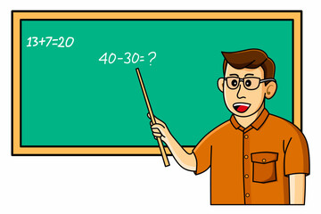 Vector graphic illustration of a male teacher explaining a simple math problem on a green chalkboard. Suitable for educational, school and learning content.