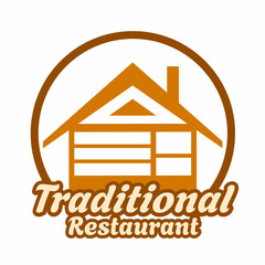 Traditional restaurant logo graphic vector illustration featuring a rustic wooden house icon. Perfect for food business, vintage style restaurant, local eatery or cultural food brand.