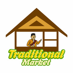 Vector logo of a traditional market featuring a man wearing ethnic clothing inside a traditional wooden house. Great for local business branding, culture-themed design, and logo templates.