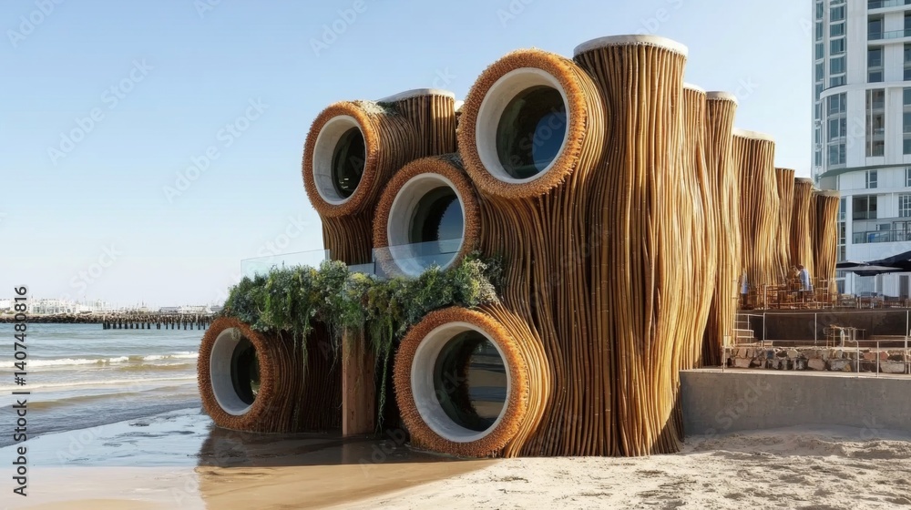 Poster modern building design integrates renewable biomaterials, emphasizing recycling and zero emissions w