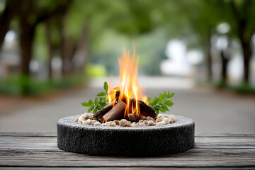 Small fire pit with burning logs and greenery, outdoors on wooden surface
