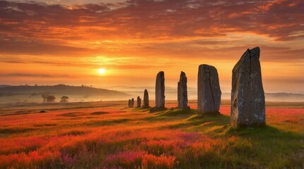 Mystical summer solstice landscape with ancient standing stones at sunrise — fiery sky, wildflowers, and golden mist evoking ethereal tradition and light

