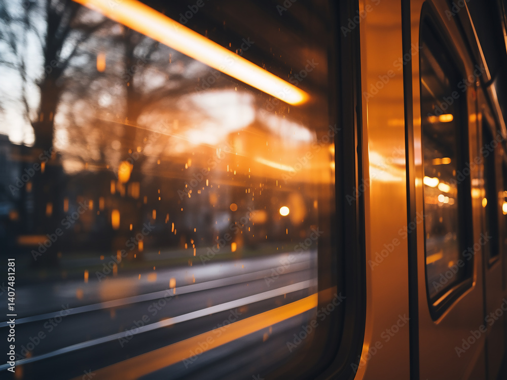 Poster passing landscape through the train window creates a bokeh effect with lights moving