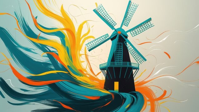 Vibrant Abstract Windmill Artwork Teal Orange and Yellow Paint Strokes