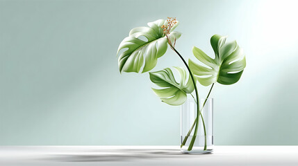 Tropical leaves in a glass vase against a soft green background