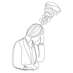 Sketch problem concept minimal man emotion stress headache drawing line art. Male unhappy depress hand drawn continuous line concept with white ioslated background. Abstract,vector,illustration.