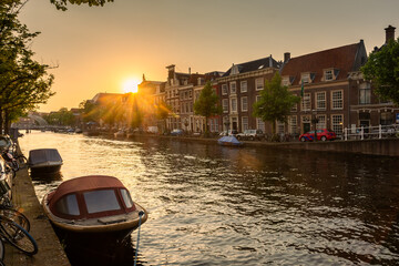 Leiden, Netherlands, sunset over the beautiful canals