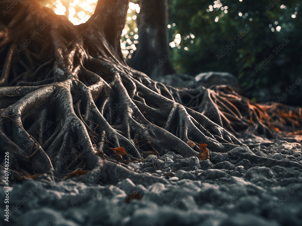 Poster tree roots growing deep establishing a strong foundation clearly showing stability created