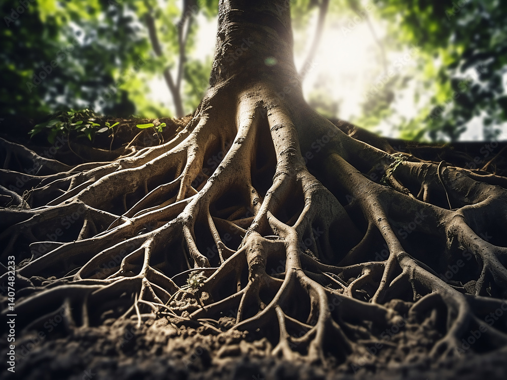 Poster tree roots growing deep in soil holding firmly building strength continuously establishing base