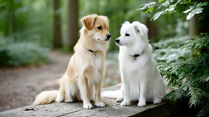 Obraz premium Two small dogs sitting side-by-side on a wooden surface in a forest