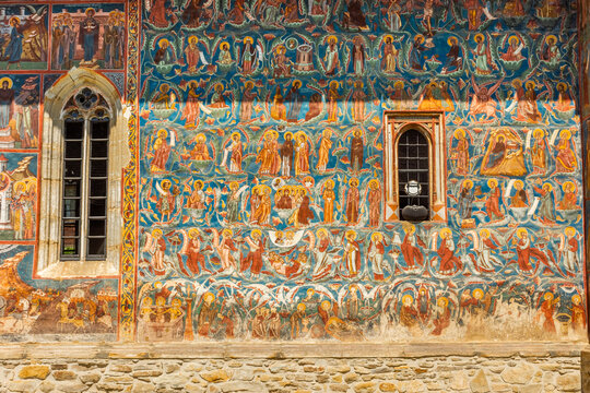 Amazing colorful painted monastery of Moldovita, Bucovina,  Romania