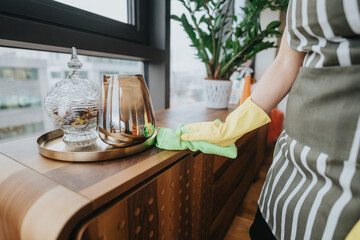 A close up of a person polishing a wooden cabinet with a green cloth, wearing yellow gloves, surrounded by decorative glassware and indoor plants, showcasing attentive housekeeping and home care.