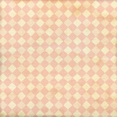 Vintage pastel checker diamond pattern in soft peach and cream tones with subtle paper texture and gentle folds. Warm, nostalgic abstract background ideal for stationery, packaging, and retro designs.
