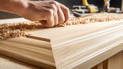 Carpenter sanding wood for a custom cabinet. Featuring precision and fine craftsmanship
