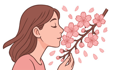 Woman smells sakura flavour. Girl holding tree branch. Japanese pink cherry flying blossom petals, flowers. Joyful mood flat vector illustration.