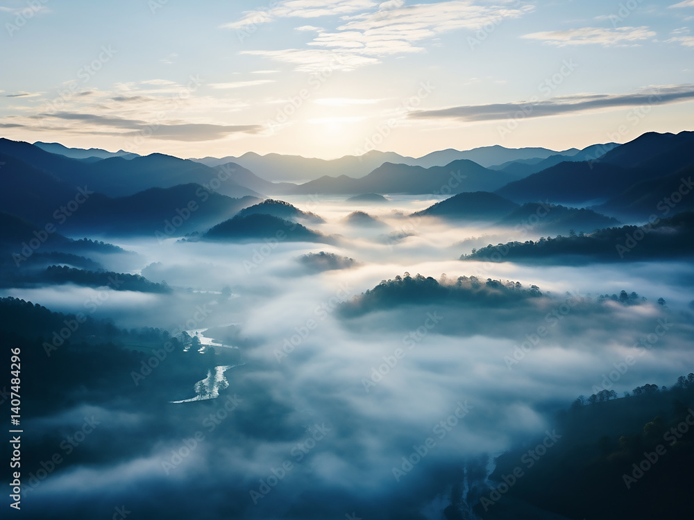 Poster clouds in valley settle low as morning inversion traps fog creating a peaceful mist-covered scene
