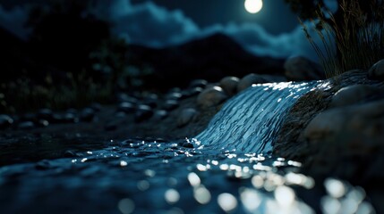 Moonlight waterfall at night in a secluded valley