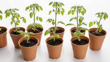 Growing tomato plants in pots with rich soil