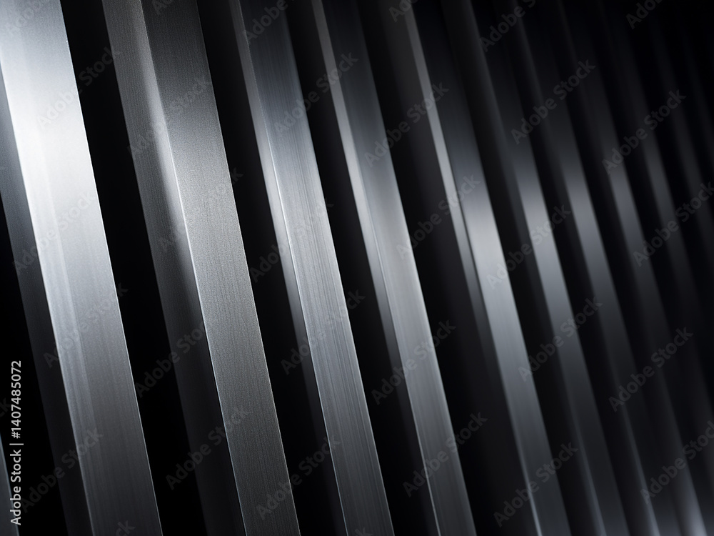 Poster vertically milled steel with linear patterns aligned and light catching in rhythmic precision
