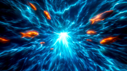 Goldfish swimming towards bright light in deep ocean