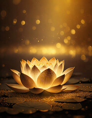 A lotus flower blooming under golden sparkling lights
