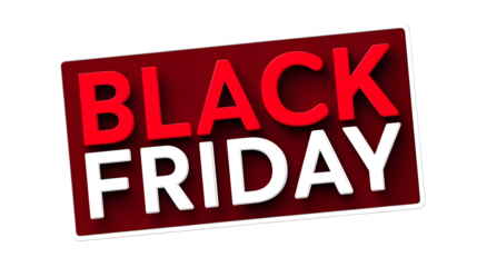Black Friday promotional sticker with bold red and white text isolated on transparent background --ar 16:9 --v 7.0