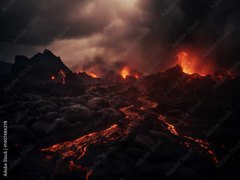 Poster volcanic landscape with dark lava flows steam vents and cloudy coverage creating an active scene