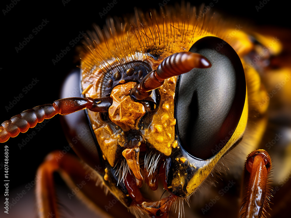 Poster wasp eye view with facets showing a hexagonal structure revealing the compound life beneath