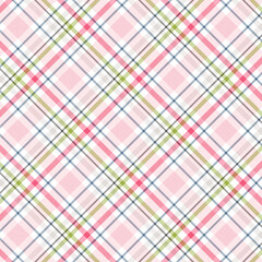 Pink plaid gingham, scottish tartan texture, grid graph paper with rhombus squares pattern, picnic napkin and curtain tablecloth, vector seamless geometric checkered fabric