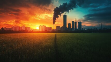 Contrasting sunset over green field and industrial cityscape at dusk