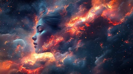 Surreal cosmic dreamscape: female profile merged with fiery nebula