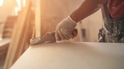 Obraz premium Construction worker cutting and installing drywall panels at a construction site. Featuring precision and focus