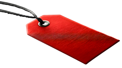 Bright red retail tag with string, isolated on a sharp black background for commercial design use --ar 16:9 --v 7.0