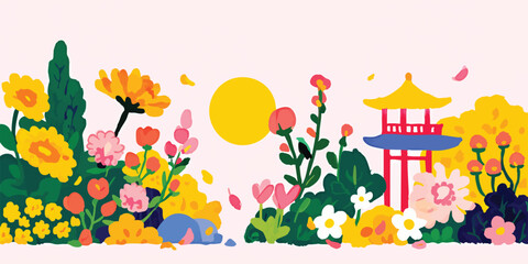 Obraz premium A serene garden scene with a pagoda, sun, and colorful blossoms, evokes a sense of peace, tranquility, and the beauty of nature.