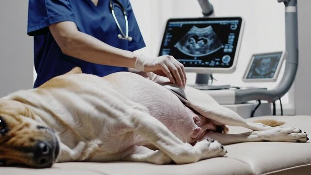 Professional veterinarian performing ultrasound examination on pregnant dog, checking canine health and fetal development using medical scanner in veterinary clinic setting