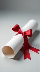 Elegant rolled diploma with red ribbon on gray background.