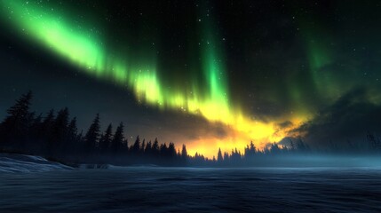 Naklejka premium Aurora borealis over snowy forest at dawn