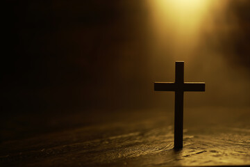 Illuminated Wooden Cross in Dramatic Lighting Representing Faith and Spirituality