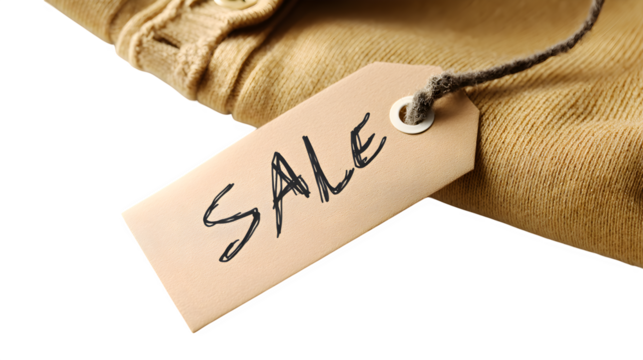 Boutique clothing tag with handwritten sale price isolated on white background --ar 16:9 --v 7.0