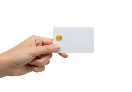 Female Hand Holding White EMV Chip Card for Digital Payment PNG Cutout.