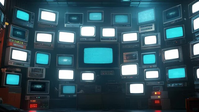 Retrofuturistic media center with a wall of vintage tv sets displaying a synchronized fragmented image each screen showcases a different era of television history