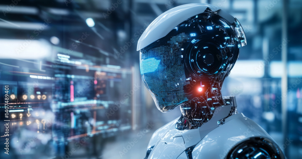 Aufkleber A sophisticated robot with an illuminated face and intricate circuitry stands in a high-tech environment.