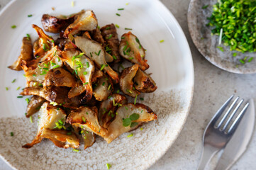 Golden-brown Jerusalem artichoke wedges arranged on a ceramic plate.