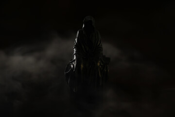 Mysterious Hooded Figure in Dark Fog - Atmospheric, Shadowy, Dark, Statue, Foggy Night Imagery