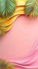 Vibrant tropical flyer design featuring lush palm leaves and a serene blend of yellow and pink hues for a refreshing summer ambiance